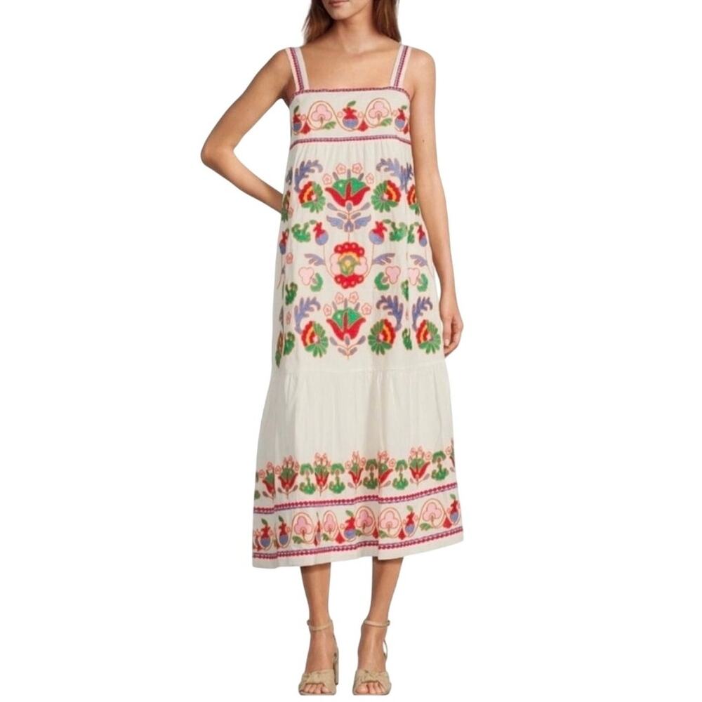 J Marie Landon White Embroidered Midi Dress S NEW